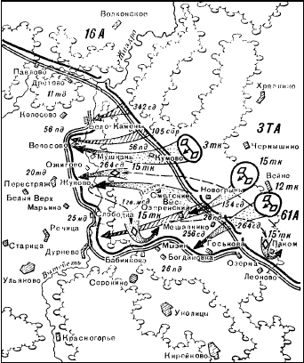 Наступление 3-й танковой армии с 22 августа по 9 сентября 1942 г. Заштрихованные стрелки – действия стрелковых частей. Пунктиром показаны маневры 15-го танкового копуса.